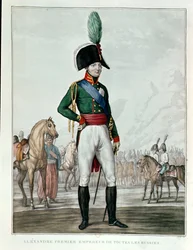 Porträt von Alexander I. Pawlowitsch (1777-1825) mit seiner Armee